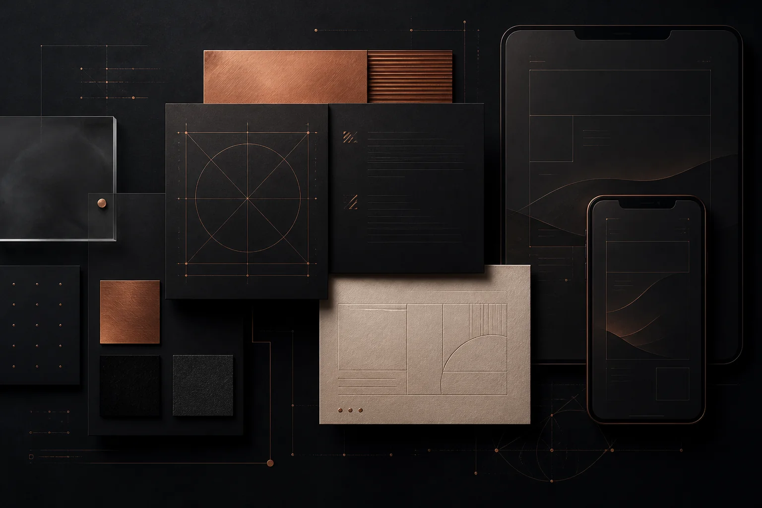 BayTech brand system with dark interface frames, copper details, and editorial layout studies